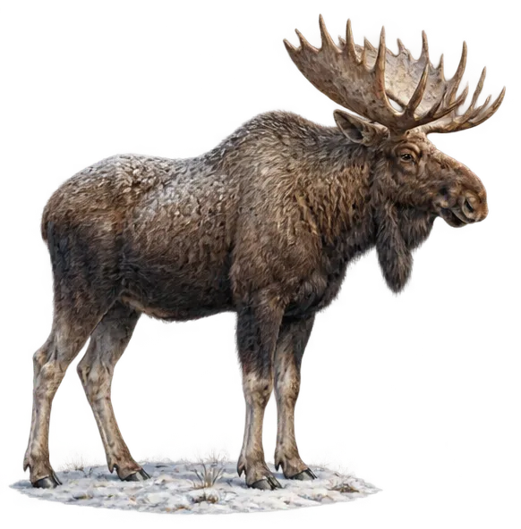 Moose jantan bermantel musim dingin berdiri di salju.