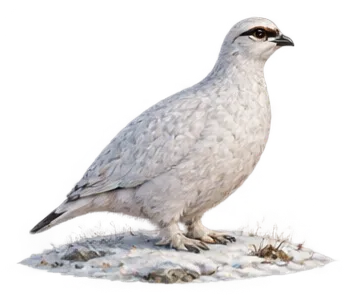 Willow ptarmigan berbulu putih duduk di atas salju.