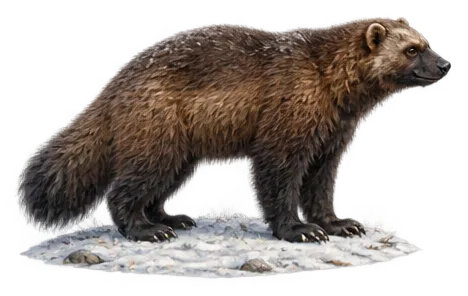 Wolverine berbulu cokelat tua melangkah di atas salju.